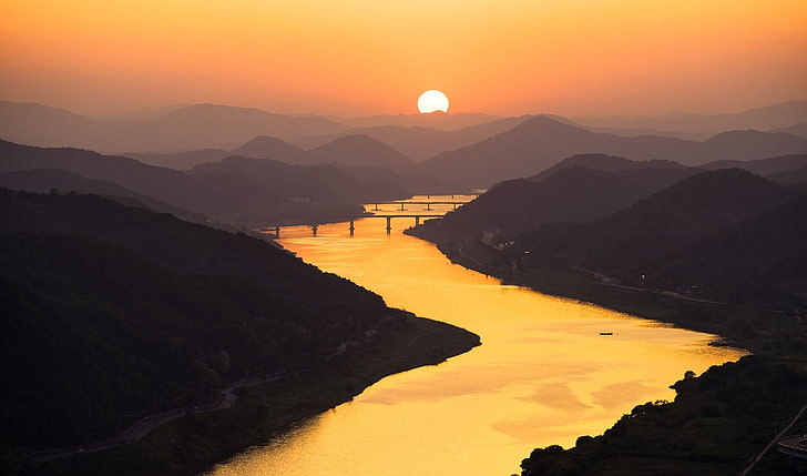 Landscape of South Korea, gold, pink, south korea, sky