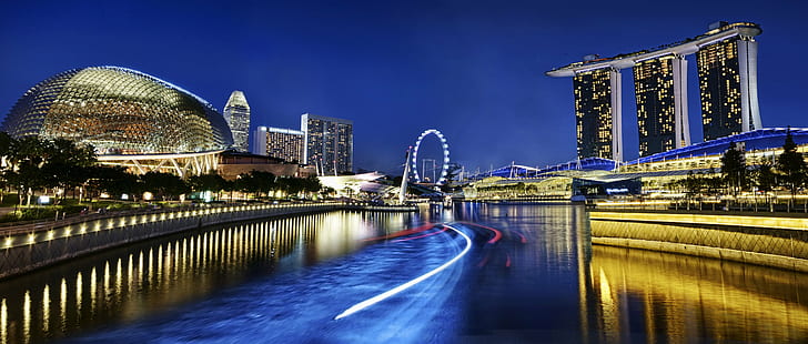 Marina Bay Sands Light Show, bridge  man made structure, attraction, reflection, blue hour Free HD Wallpaper