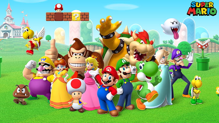 Mario Maker Characters, princess daisy, mario, yoshi, waluigi Free HD Wallpaper