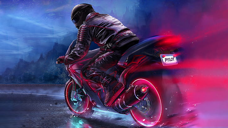 Neon Pink Motorcycle, synth, art, synth pop, retrowave Free HD Wallpaper