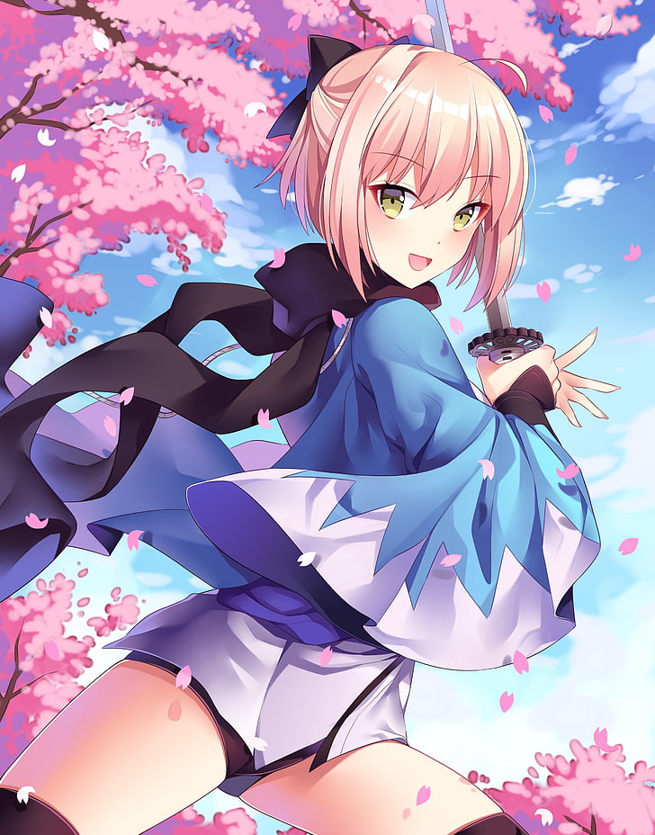 Okita Souji Saber, thighhighs, cherry blossom, anime girls, portrait Free HD Wallpaper