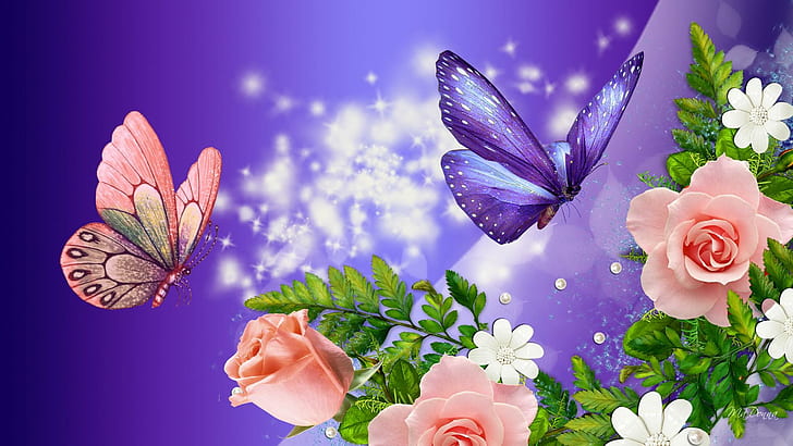 Pics of Flowers and Butterflies, peach, glow, spots, butterflies Free HD Wallpaper