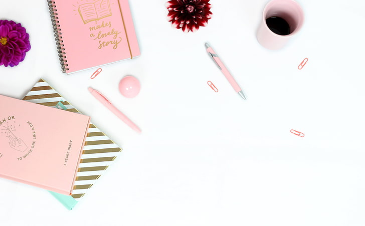 Pink Office Zoom, notebooks, notes, diary, pinkcup Free HD Wallpaper