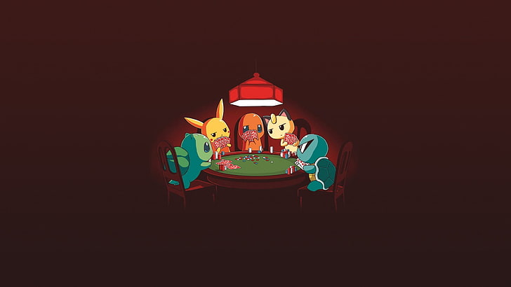 Pokemon Playing Poker, copy space, black background, two people, lighting equipment Free HD Wallpaper
