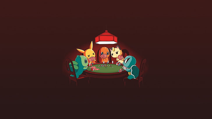 Pokemon Playing Poker, copy space, black background, two people, lighting equipment