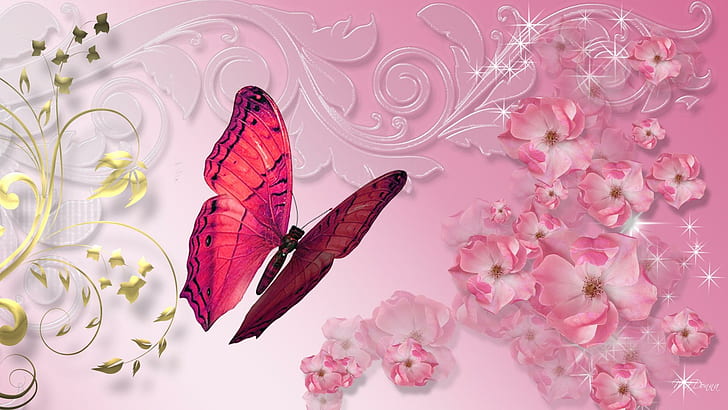 Rose Gold and Pink Glitter, flowers, pink, butterfly, 3d and abstract Free HD Wallpaper