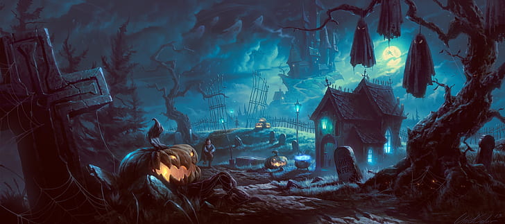 Spooky Halloween Graveyard, vampire, graveyard, Fantasy, fantasy Free HD Wallpaper