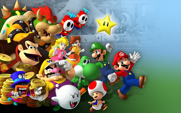 Super Mario Bros All Characters, high angle view, toy, mario bros, donkey kong Free HD Wallpaper