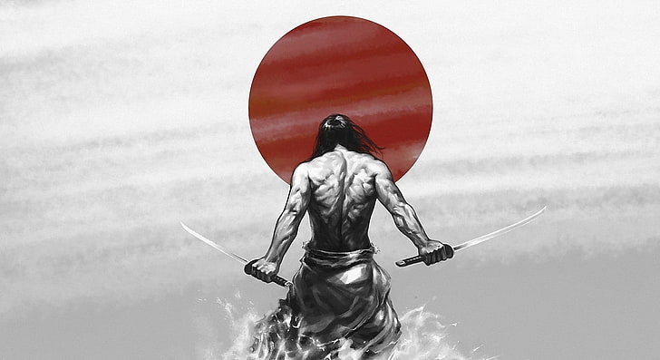 Traditional Samurai Art, sculpture, outdoors, selective coloring, statue