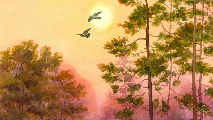 Watercolor Cherry Tree, artistic, fall, gold, watercolor Free HD Wallpaper