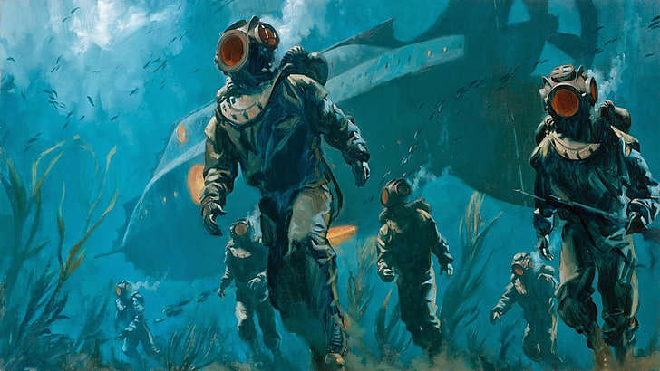 20000 Leagues Under the Sea Illustrations, men, diving equipment, underwater diving, unrecognizable person