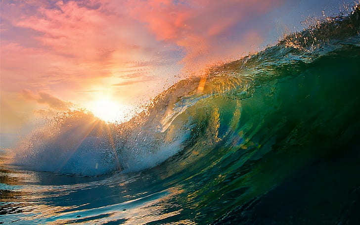 Big Waves Ocean Sunset, clouds, sea, rays, landscape Free HD Wallpaper