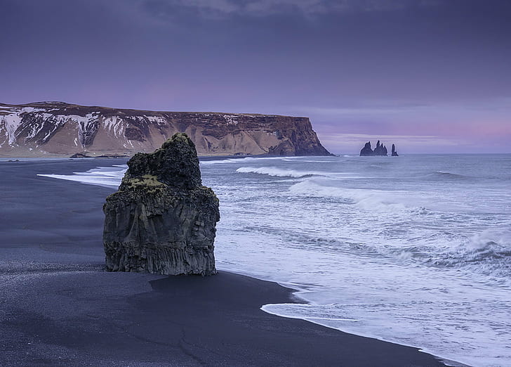 Black Beach Vik Iceland, water  waves, scenics, geology, cliff Free HD Wallpaper