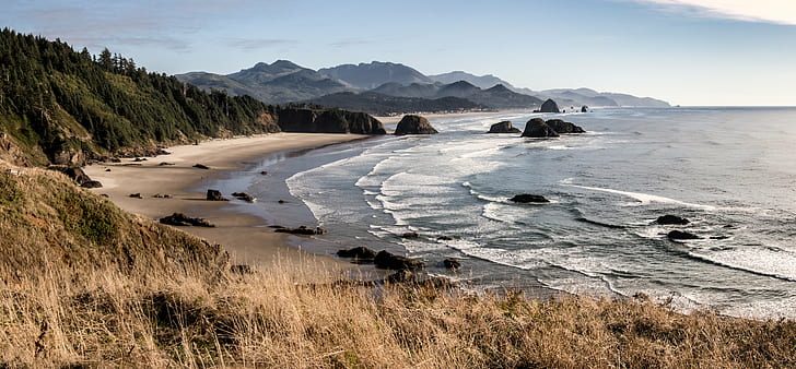 Cannon Beach 3840X2160, sea  stacks, landscape, explore, grass