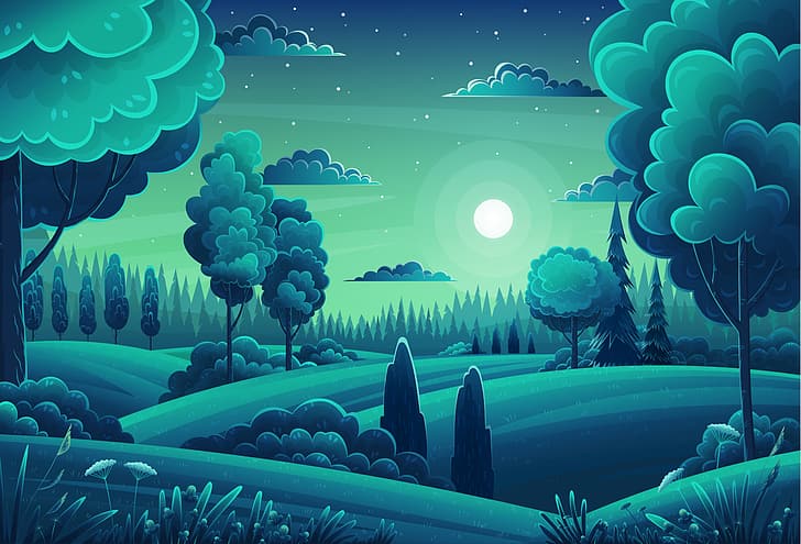 cartoon, moonlight, clouds, moon Free HD Wallpaper