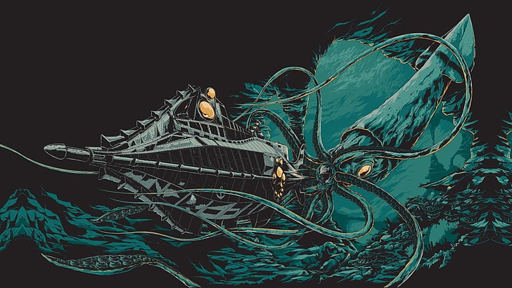 creativity, jules verne, sea monsters, black background Free HD Wallpaper