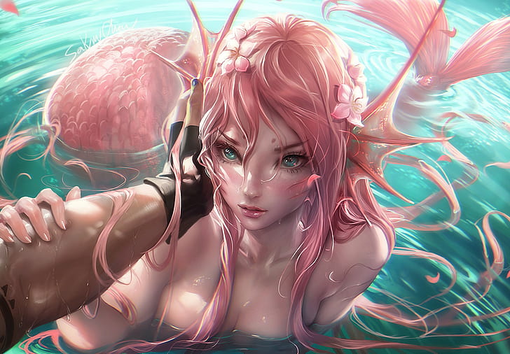 Dark Mermaid Drawings, green eyes, water, pov, monster girl Free HD Wallpaper