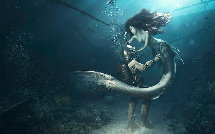 Deep Sea Mermaid Art, diver, mermaid Free HD Wallpaper