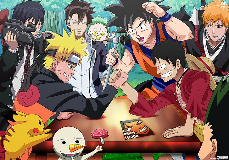 Drawing Goku Naruto and Luffy, monkey d luffy, table, plue fairy tail, full frame Free HD Wallpaper