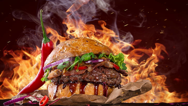 Fast Food HD Pics, pepper, burger, cooked, fire Free HD Wallpaper