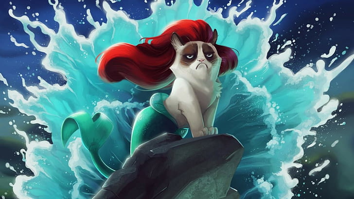 Grumpy Cat Disney, grumpy cat, the little mermaid, disney, cat Free HD Wallpaper