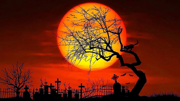 Halloween Art Paintings, space, dramatic sky, graveyard, cemetery Free HD Wallpaper