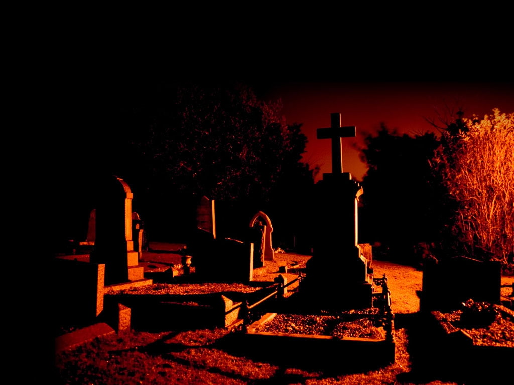 Halloween Graveyard, red sky, graveyard, art, dead