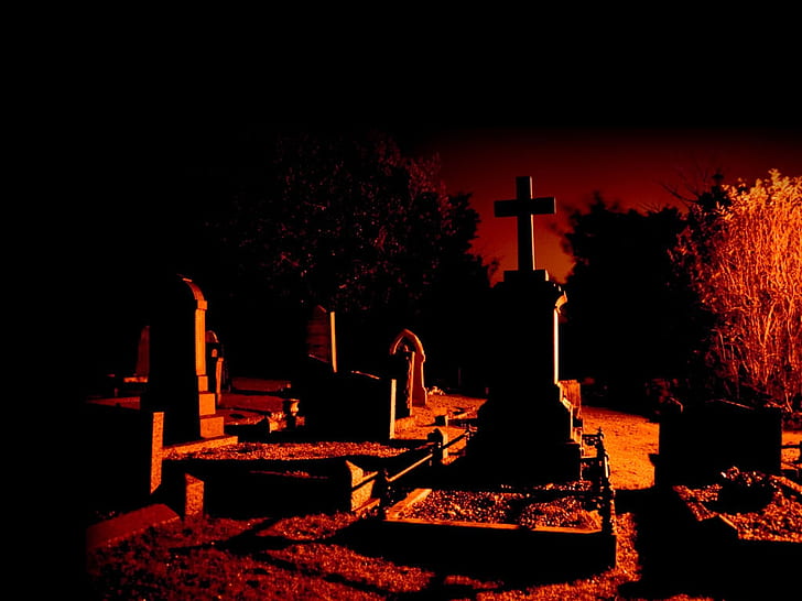 Halloween Graveyard, red sky, graveyard, art, dead Free HD Wallpaper