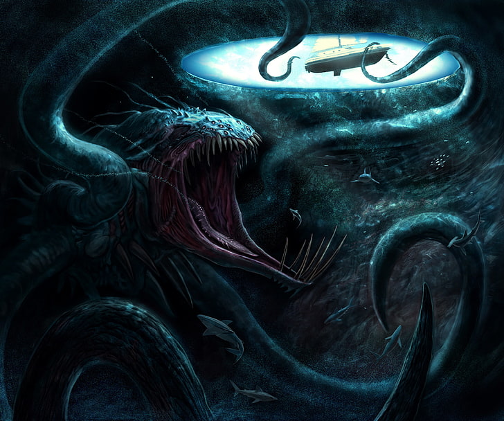 Kraken, invertebrate, nature, animal themes, deep