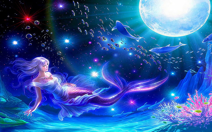 Mermaid, deep, planet  space, fantasy, shiny Free HD Wallpaper