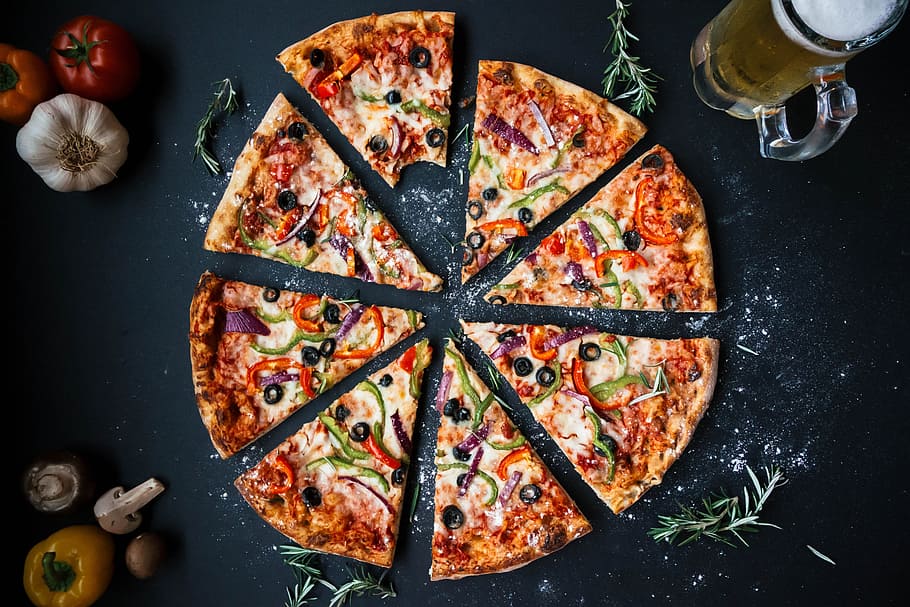 Pizza History, sprigs, herb, directly above, pizza by the slice Free HD Wallpaper