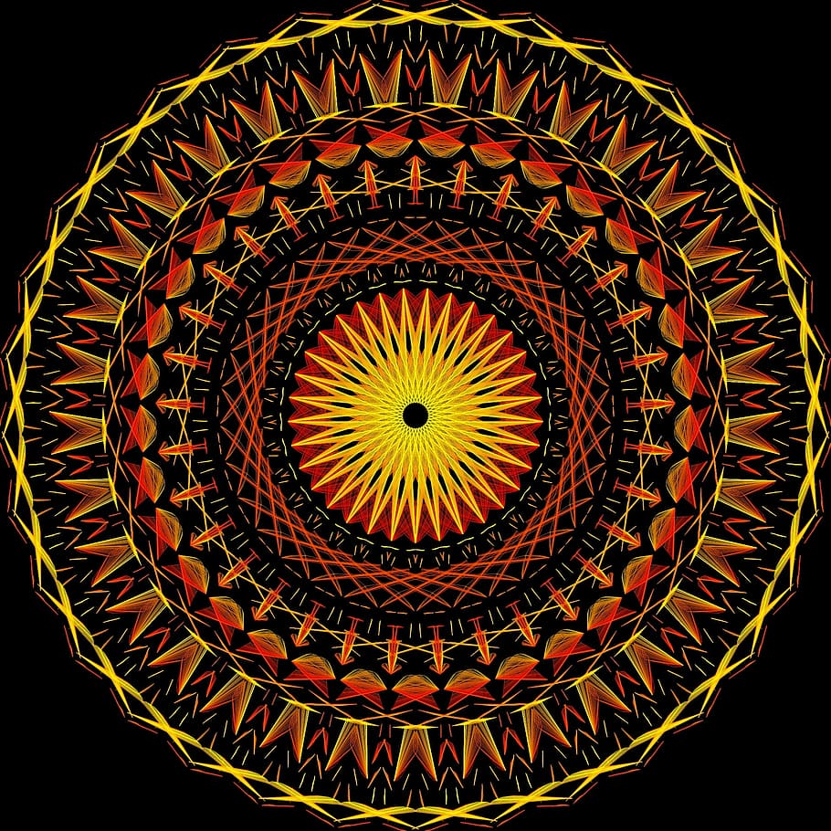 Red Mandala, illuminated, studio shot, black background, directly below