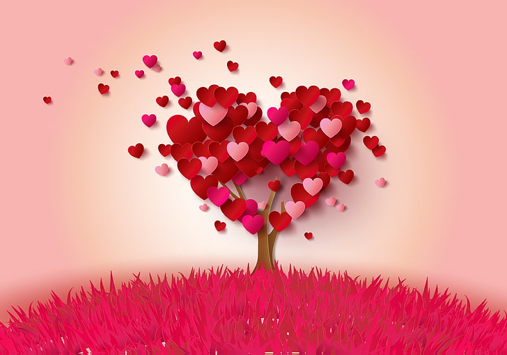 Tree of Love, large group of objects, greeting, colored background, pink background Free HD Wallpaper