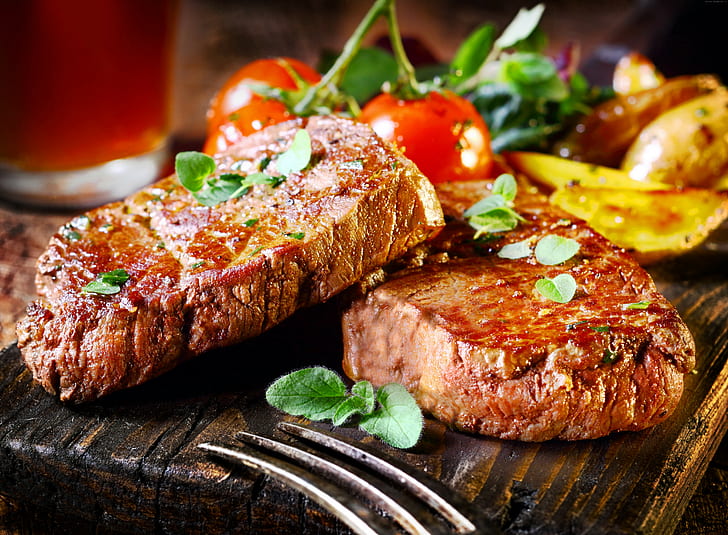 Yummy Steak, steak, meal, tomato leaves, grill Free HD Wallpaper