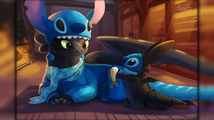 Baby Toothless and Stitch, still life, blue, lilo and stitch, sculpture Free HD Wallpaper