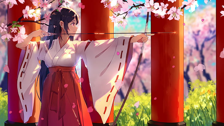 Beautiful Anime Kimono, arrow, brunette, anime, japanese kimono Free HD Wallpaper