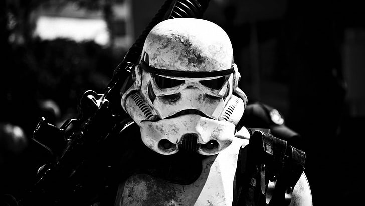 Black Stormtrooper, headshot, black and white, black color, sculpture Free HD Wallpaper