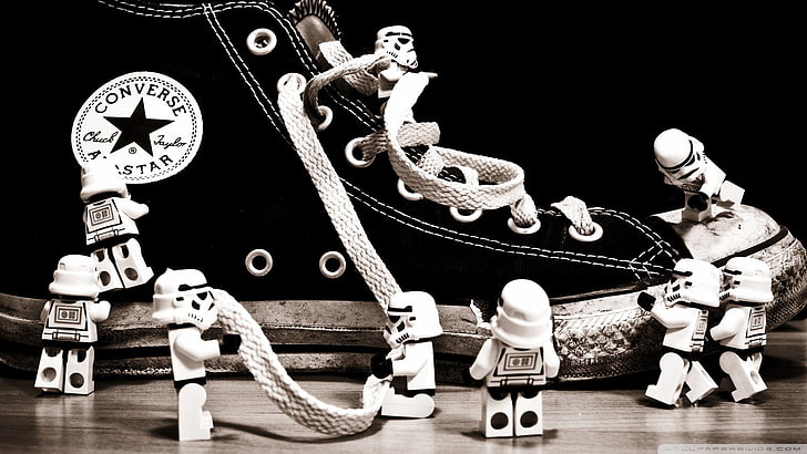Black Stormtrooper LEGO, decoration, wood  material, star wars, converse Free HD Wallpaper