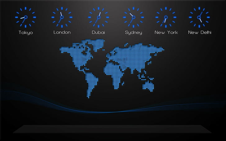 Blue World Map, pixels, clocks, black background, city Free HD Wallpaper