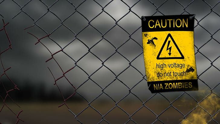 Cool Zombie Games, humor, warning signs, fence, high voltage