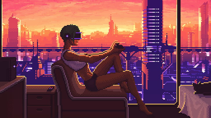 Cyberpunk Workshop, pixel art, futuristic city, artwork, sunset Free HD Wallpaper