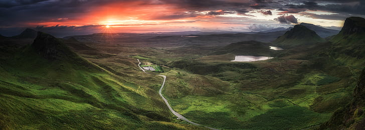 Grass Field with Mountain, quiraing, scenics, road, hill Free HD Wallpaper