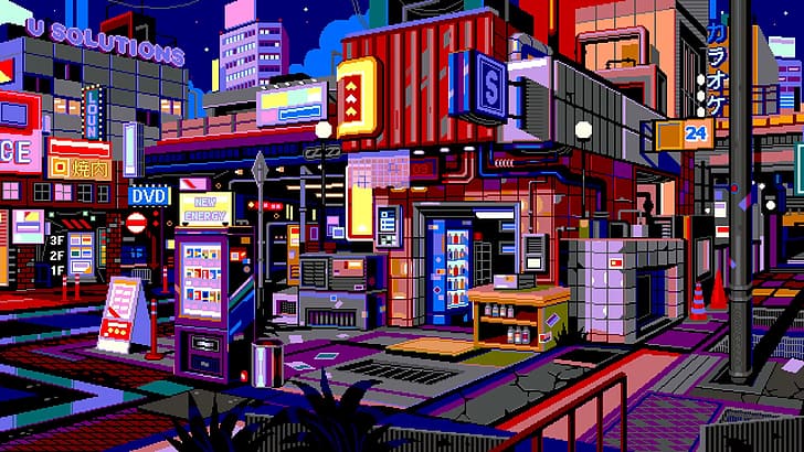 HD Pixel Art GIF, city, cyberpunk, night, lights Free HD Wallpaper