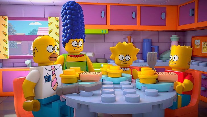 LEGO Simpsons Moe, homer simpson, lisa simpson, table, human representation Free HD Wallpaper