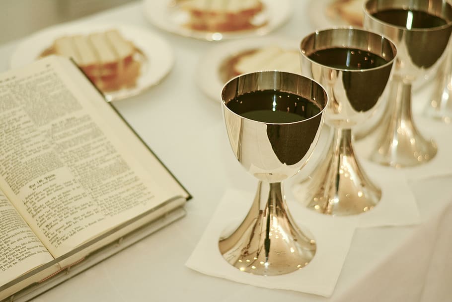 Lord's Supper, high angle view, christianity, dining, group of objects