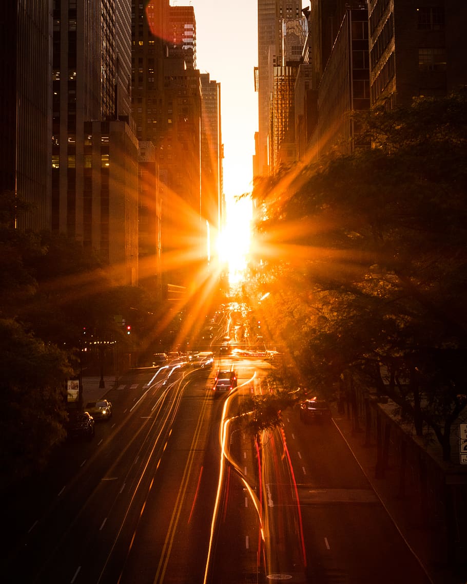 Manhattanhenge Sunset, city street, nature, cityscape, motor vehicle Free HD Wallpaper