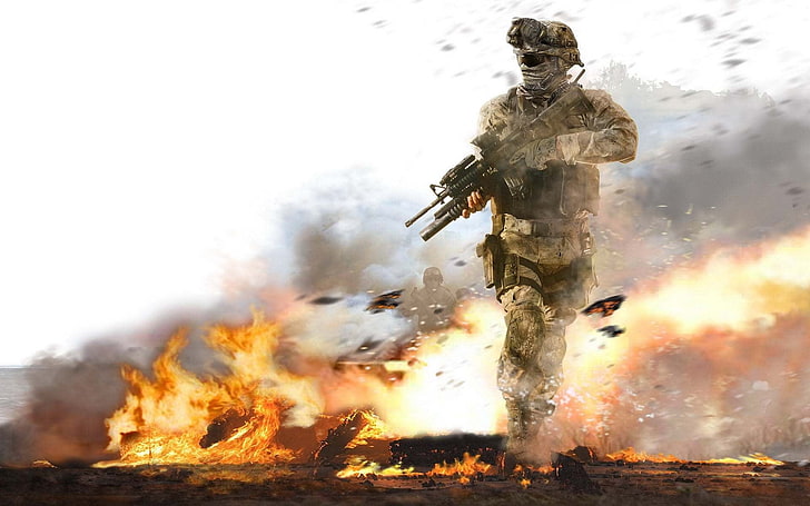 Modern Warfare Drum Magazine, video games, smoke  physical structure, spraying, damaged Free HD Wallpaper