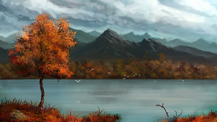 Mountain Lake Landscape Paintings, fall, autumn, art, tree Free HD Wallpaper