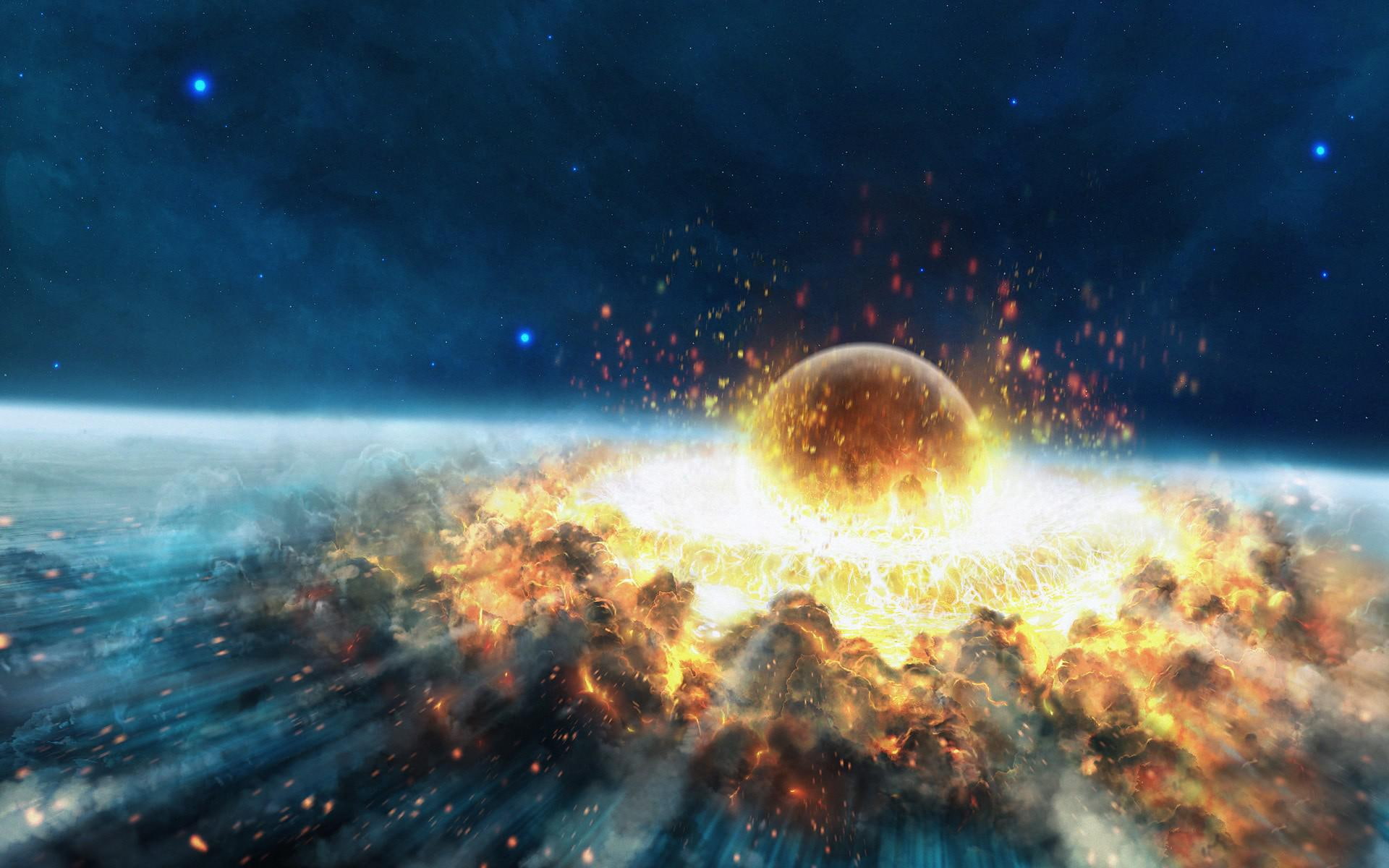 Outer Space Explosion, planets, catastrophe, artwork, crash