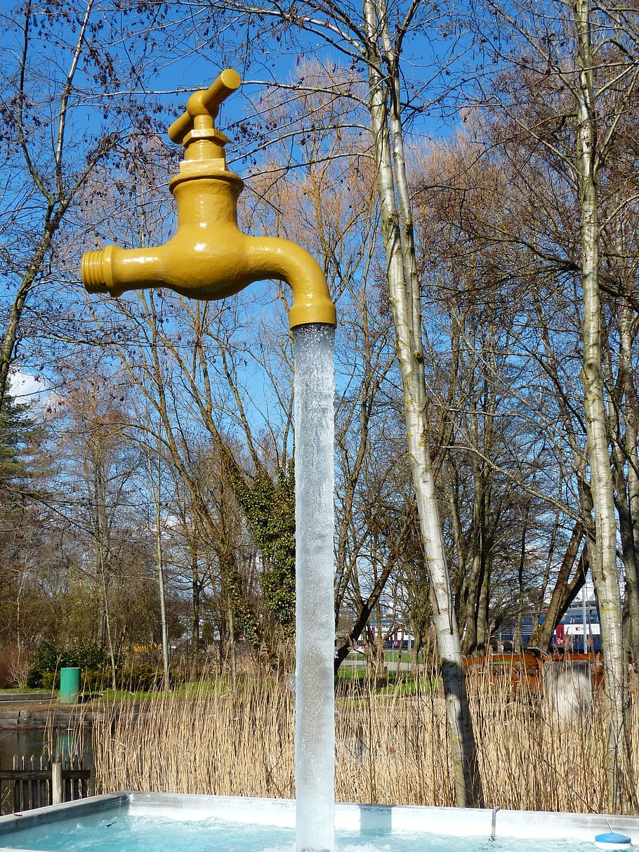 Outside Water Faucets, building exterior, water column, artwork, bare tree